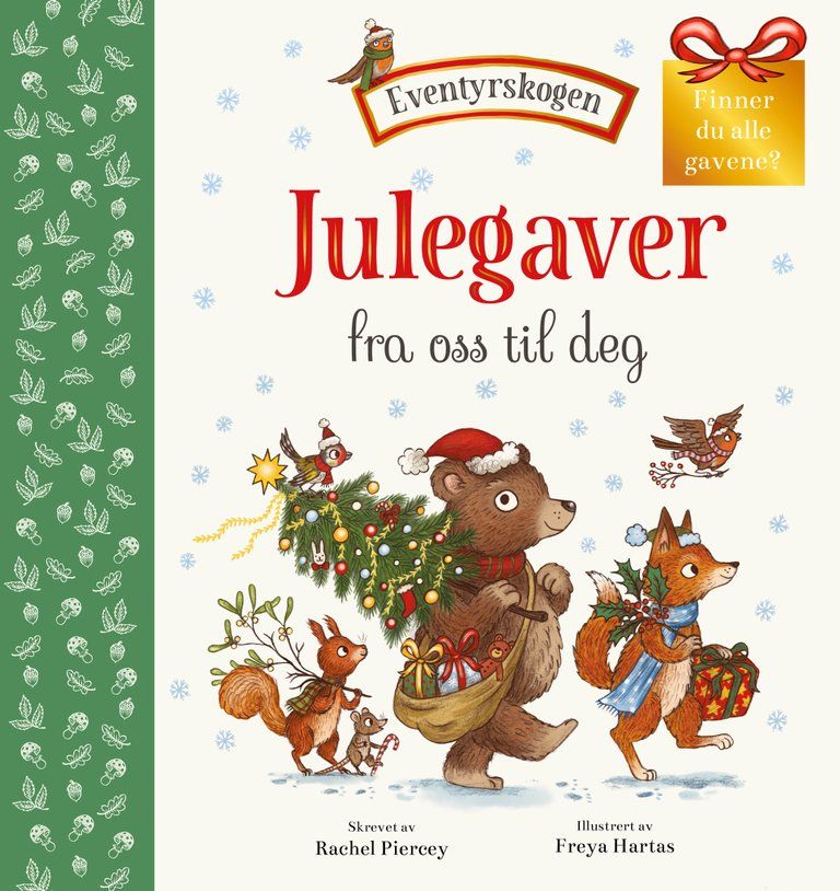 Omslaget på barneboken Julegaver fra oss til deg av Rachel Piercey, en rød og koselig julemyldrebok fra Eventyrskogen med detaljer i gullfolie.
